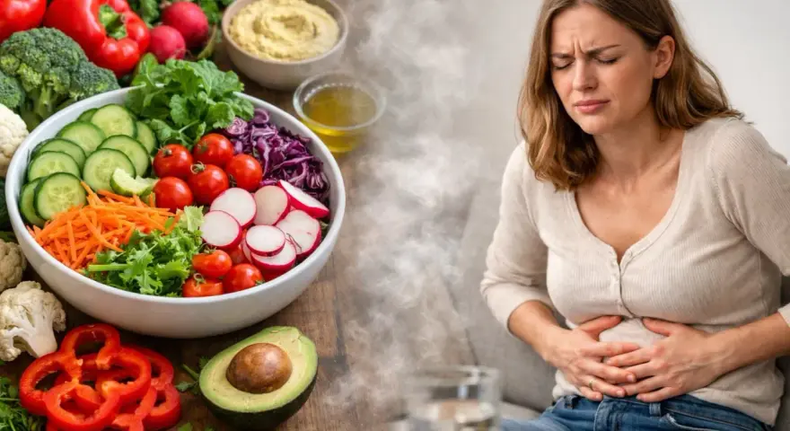 Une femme souffre de maux d'estomac après avoir mangé une salade verte.