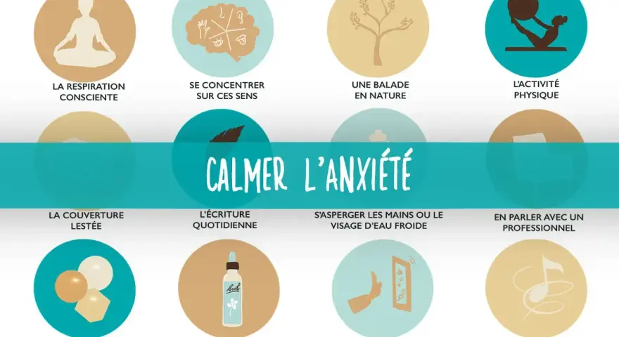 Illustration d'un anti-stress naturel puissant : respiration, nature, activité physique, écriture, fleurs de Bach, musique, et plus.