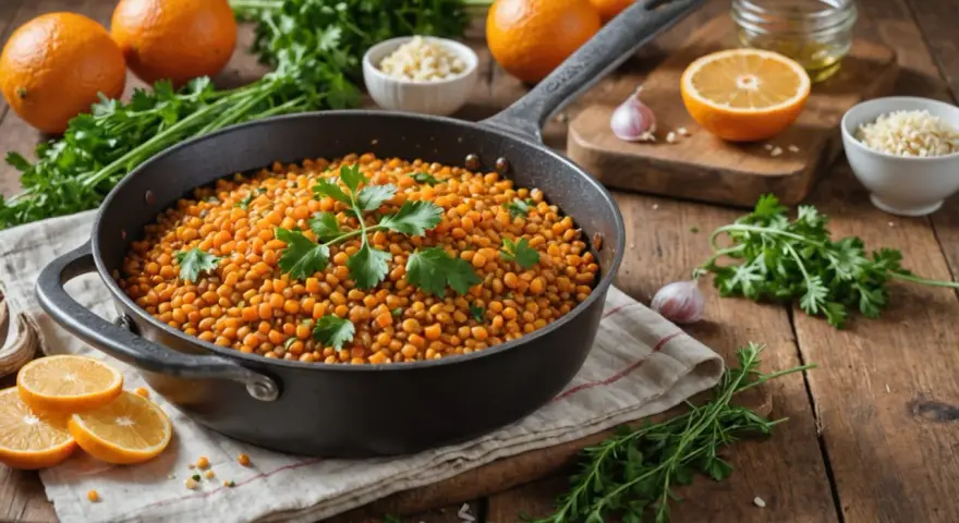 Poêle remplie de lentilles dorées, garnie de persil frais. Autour, des oranges, de l'ail et des épices suggèrent un plat savoureux.