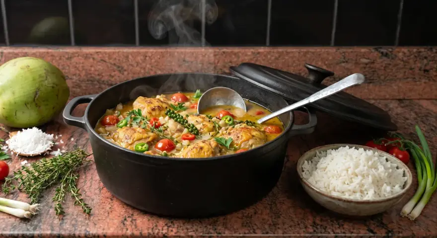 Un plat fumant de poulet au riz et lait de coco, garni de tomates cerises et de poivrons. Une invitation à découvrir cette recette savoureuse.
