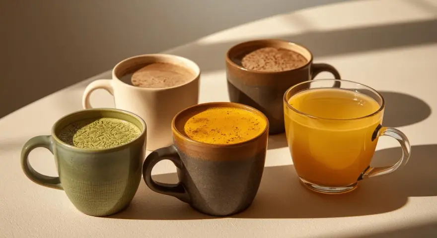 Quatre tasses de boissons colorées : matcha, curcuma, chocolat chaud et boisson dorée. Une belle alternative au café pour commencer la journée.