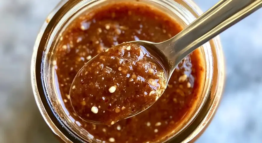 Une cuillère remplie de sauce asiatique pour riz, avec des graines visibles, sort d'un pot en verre.