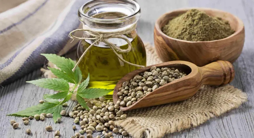 Huile de chanvre cheveux : une fiole d'huile dorée, des graines dans une cuillère en bois, de la poudre verte et une feuille de chanvre sur fond de bois.