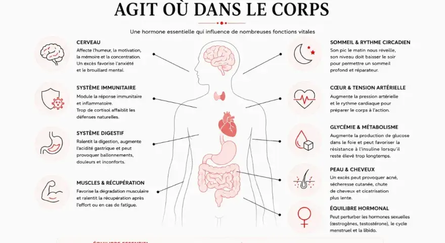 Schéma du corps humain montrant les effets d'un cortisol trop élevé sur le cerveau, le système immunitaire, la digestion, les muscles, le sommeil, le cœur, la glycémie, la peau et les hormones.