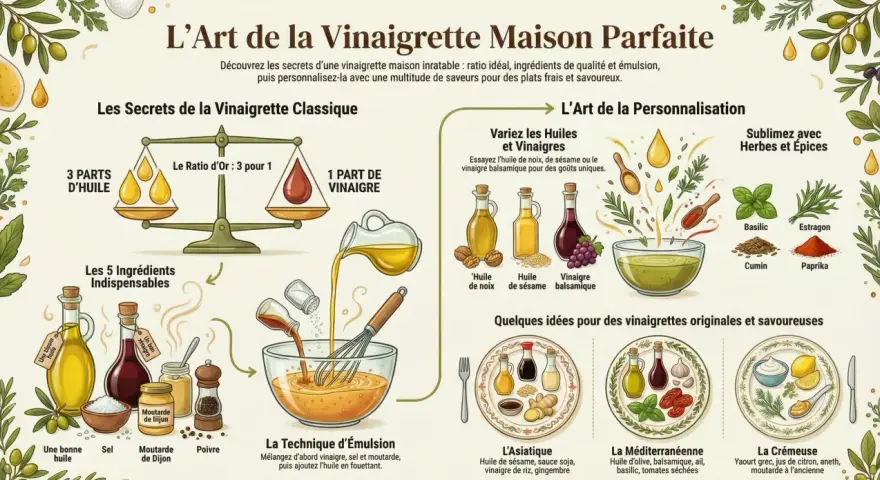 L'art de la vinaigrette maison parfaite : ratio, ingrédients, émulsion et personnalisation avec des saveurs originales.