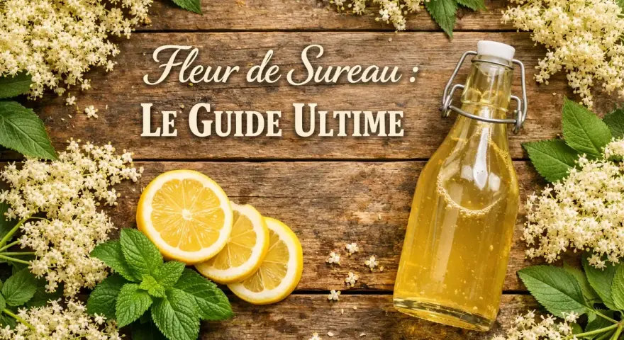 Fleurs de sureau en abondance, une bouteille de sirop doré, des citrons et de la menthe sur fond de bois. Le guide ultime pour le sureau.