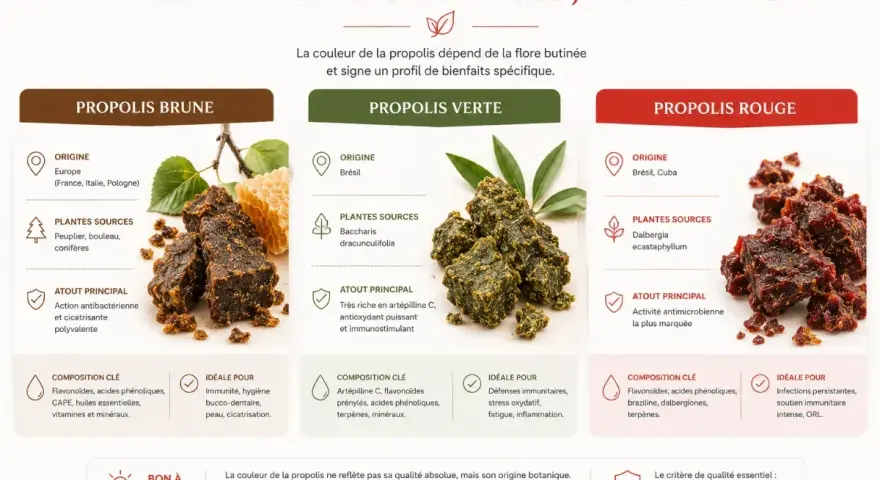 Propolis rouge : origine Brésil/Cuba, activité antimicrobienne marquée. Pas d'effets secondaires mentionnés, idéale pour infections et ORL.