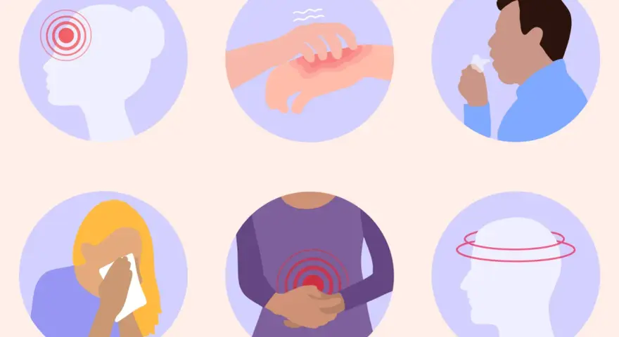 Symptômes d'une allergie : maux de tête, éruption cutanée, toux, éternuements, douleurs abdominales, vertiges. Peut-être une allergie au maquereau.