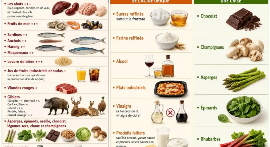 Tableau comparatif des aliments : ceux qui augmentent l'acide urique (abats, fruits de mer, poissons, levure, sodas, viandes rouges, gibiers, sel, bière), ceux qui diminuent son élimination (sucres, farine, alcool, plats industriels, vinaigre sauf cidr...