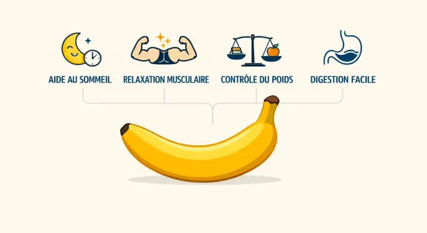 Une banane pour aider au sommeil, la relaxation musculaire, le contrôle du poids et une digestion facile. Manger une banane le soir, c'est bon pour vous !