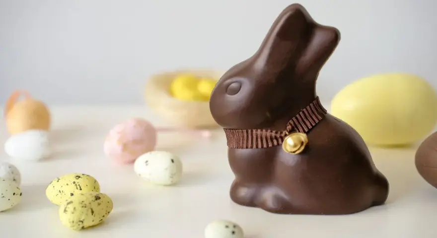 Un lapin en chocolat, entouré d'œufs de Pâques. Attention, le chocolat constipe !