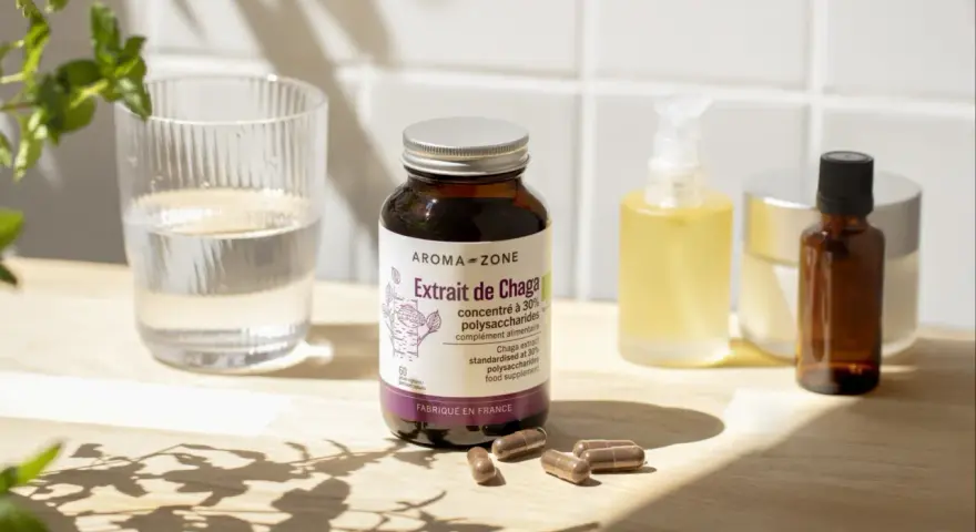 Bouteille d'extrait de Chaga, compléments alimentaires et verre d'eau. Découvrez les chaga bienfaits pour votre bien-être.
