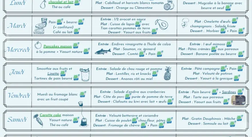 Menu équilibré semaine pour famille simple : porridge, tartines, salades, poisson, poulet, et desserts variés.