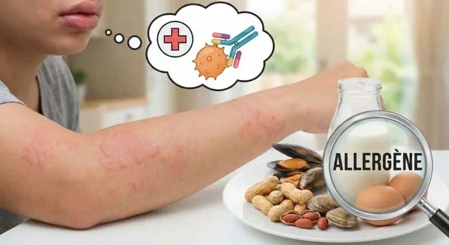 Éruption cutanée sur le bras, pensée d'une réaction allergique. L'allergie au safran peut se manifester ainsi.