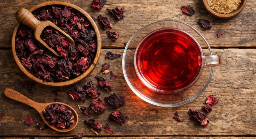 Infusion hibiscus bienfaits : une tasse de thé rouge vif à côté d'un bol de fleurs d'hibiscus séchées et d'une cuillère en bois.
