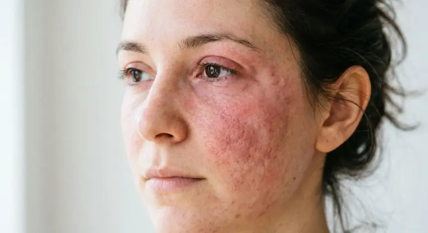 Visage d'une femme avec une peau rouge et irritée autour des yeux et sur les joues, possiblement une allergie au collagène.