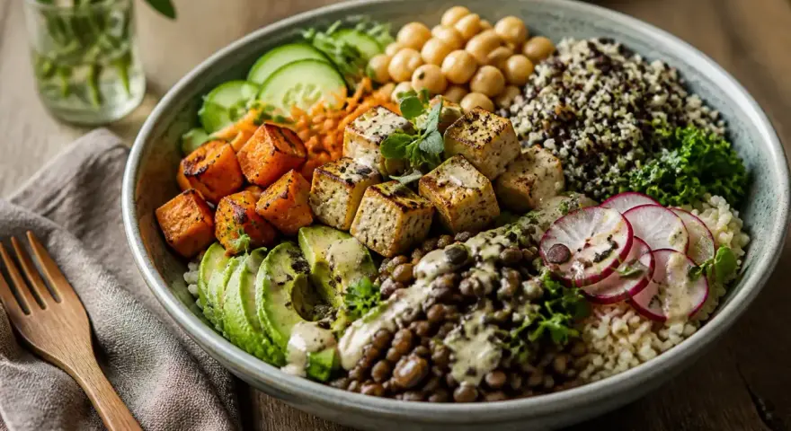 Un délicieux bouddha bowl coloré avec tofu grillé, patates douces, avocat, lentilles, pois chiches, quinoa et radis.