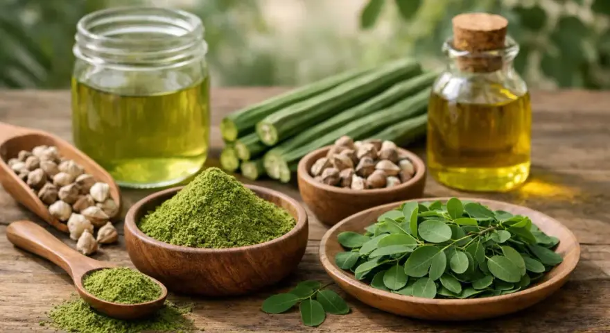 Huiles, feuilles, poudre et bâtonnets de moringa, illustrant les multiples moringa bienfaits pour la santé.