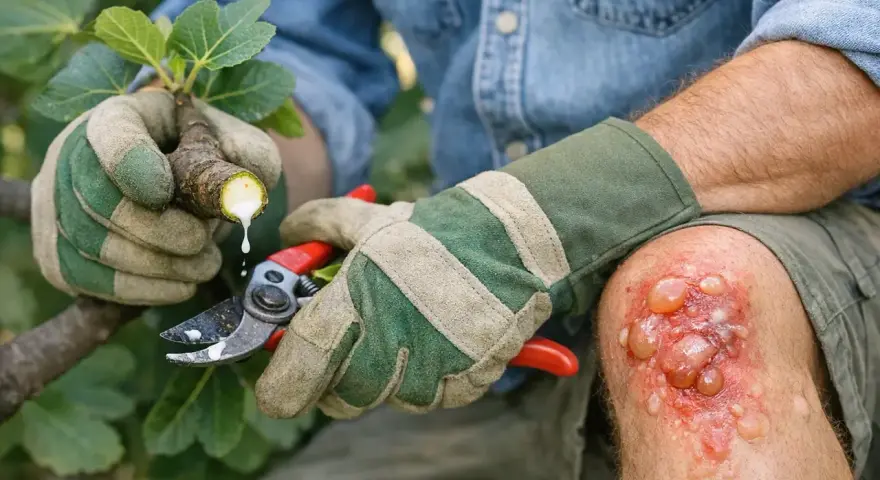 Gants verts protégeant des mains qui taillent une branche de figuier d'où coule la seve de figuier. Le genou porte une blessure avec des cloques.