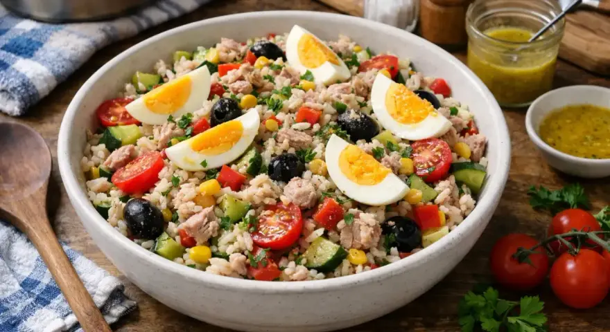 Salade de riz aux œufs, thon, olives et tomates, assaisonnée d'une vinaigrette vinaigre de riz.