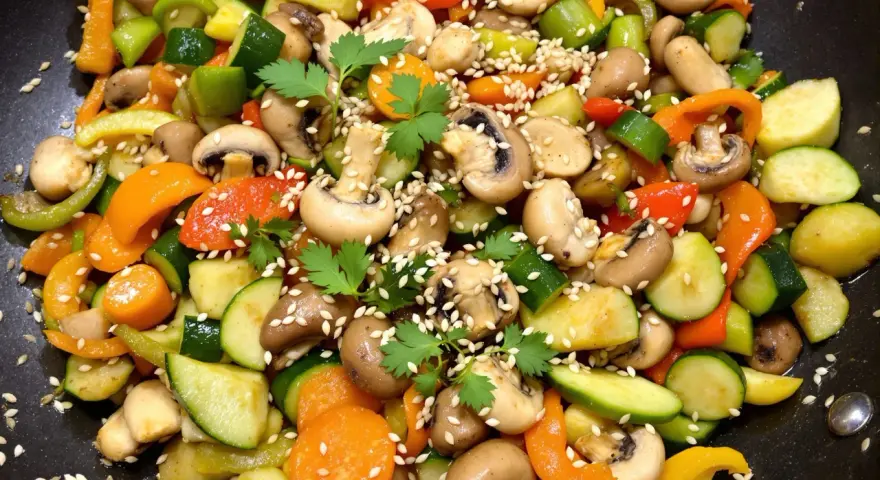 Un wok de légumes asiatique coloré avec des carottes, courgettes, poivrons et champignons, parsemé de graines de sésame et de persil frais.