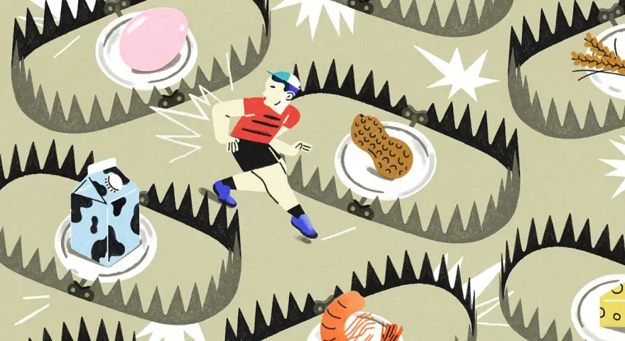 Un coureur esquive des pièges alimentaires : œuf, lait, poisson, cacahuète, crevette, fromage. Naviguer les allergies, comme une allergie au Nutella, est un parcours semé d'embûches.