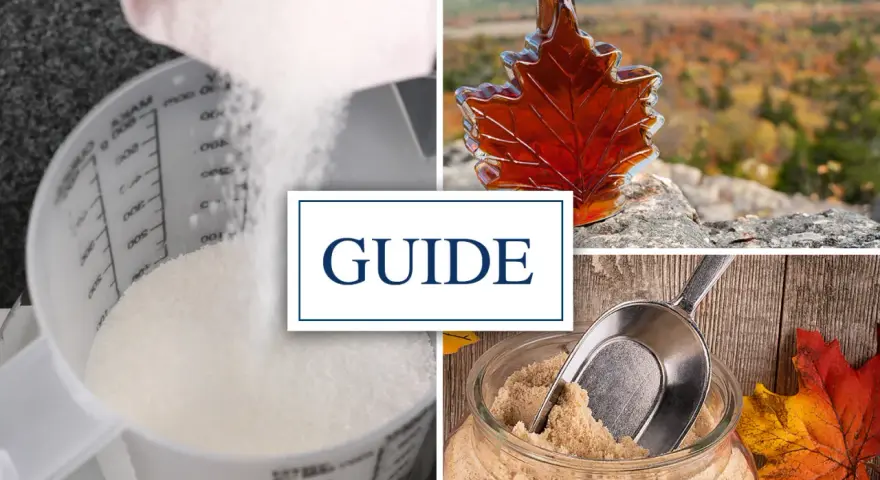 Guide : par quoi remplacer sirop d'érable. Sucre blanc, sirop ambré en feuille d'érable, cassonade.