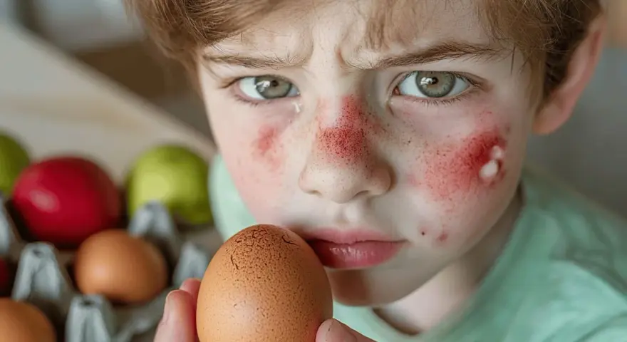 Visage d'enfant irrité, gros plan sur un œuf. Il semble souffrir d'une allergie œuf cru.