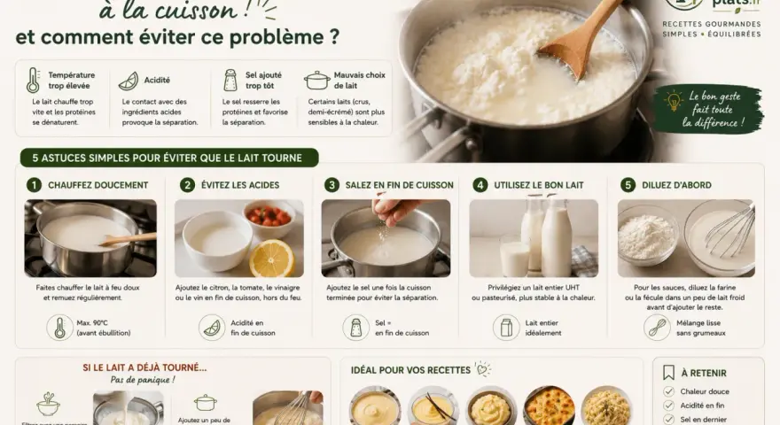 Pour éviter que le lait tourne, privilégiez le bon lait entier UHT. Si vous l'utilisez pour des sauces, diluez la farine dans du lait froid pour un mélange lisse.