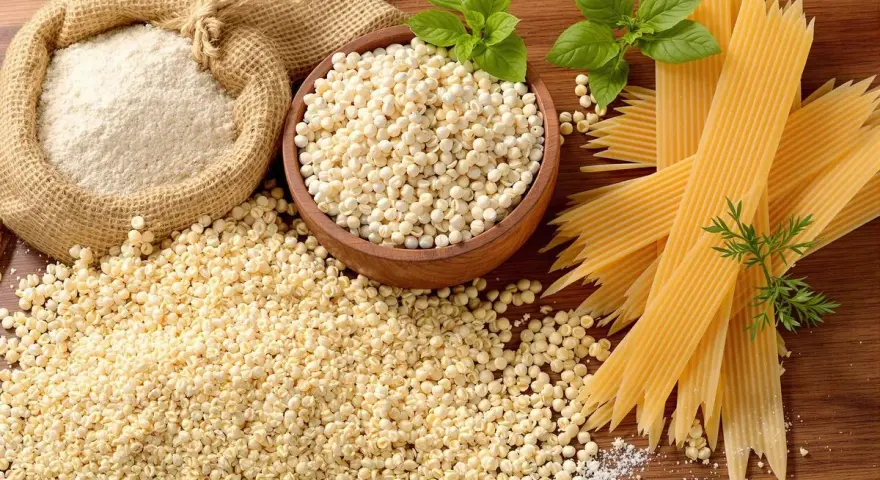 Farine de blé dur dans un sac en toile, à côté de petites pâtes rondes et de pâtes plates striées.