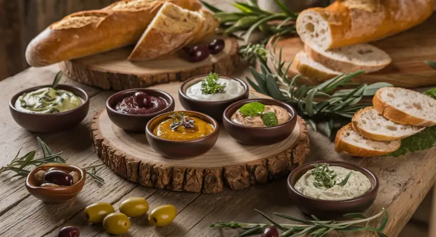 Assortiment de sauces dip colorées, accompagnées de pain frais et d'olives, sur une table en bois rustique.