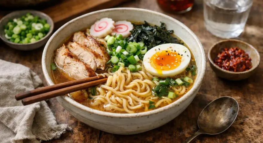 Un bol de ramen de poulet fumant avec des nouilles, des tranches de poulet grillé, un œuf mollet, des algues et des oignons verts.