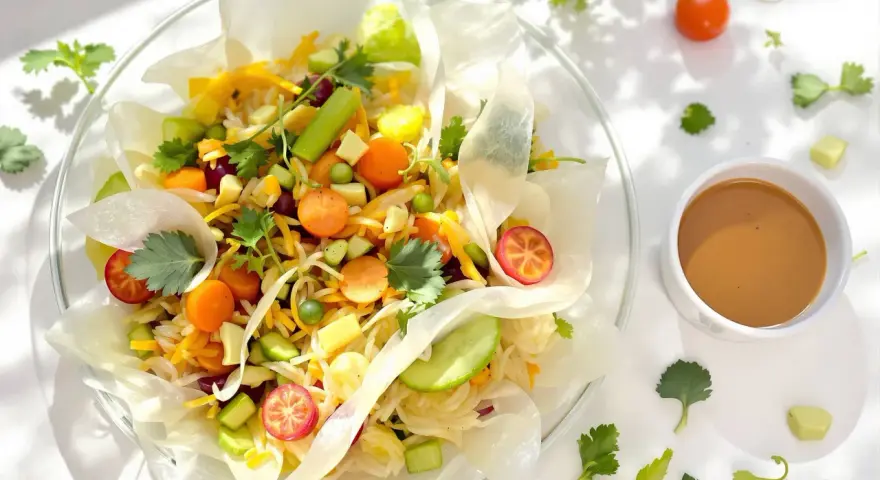 Un rouleau de printemps végétarien coloré, rempli de nouilles, carottes, concombre, pois et herbes fraîches, servi avec une sauce.