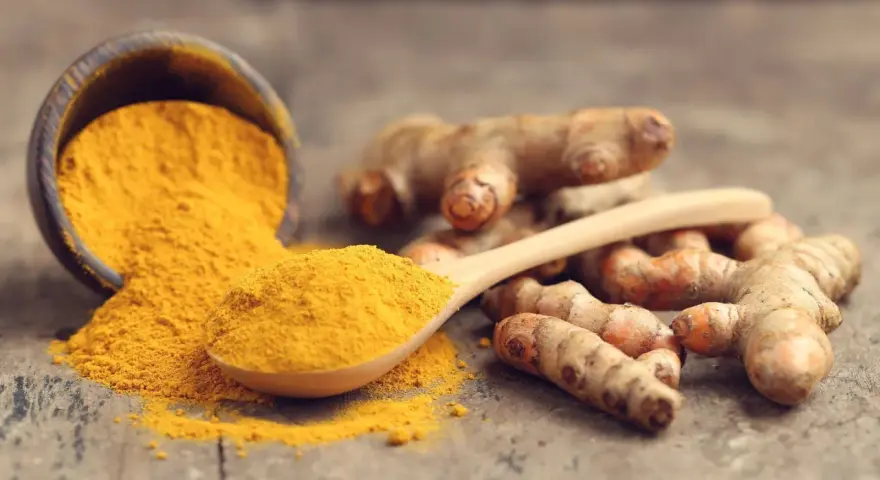 Racines de curcuma et poudre dorée sur une cuillère en bois, symbolisant le curcuma bienfait pour la santé.