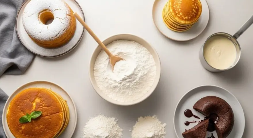 Découvrez par quoi remplacer la farine dans un gâteau : pancakes, gâteau au chocolat, et un gâteau savarin.