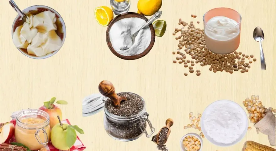 Découvrez par quoi remplacer les œufs : tofu soyeux, yaourt de soja, compote de pommes, graines de chia, fécule de maïs.