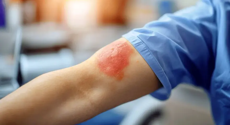 Éruption cutanée rouge et enflammée sur le bras, possiblement due à une allergie au blanc d'œuf.
