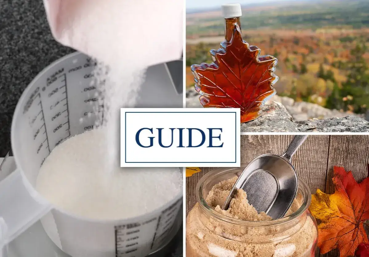 Guide : par quoi remplacer sirop d'&eacute;rable. Sucre blanc, sirop ambr&eacute; en feuille d'&eacute;rable, sucre brun.