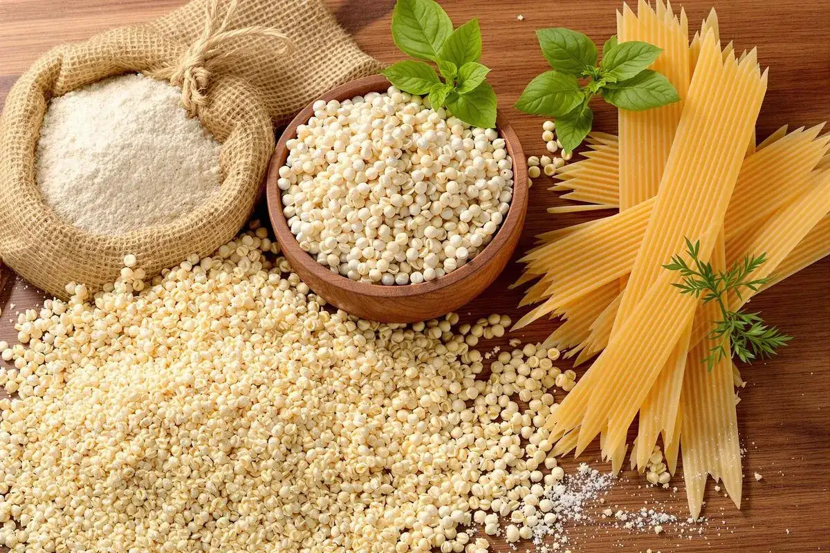 Farine de blé dur dans un sac en toile, des grains dans un bol, et des pâtes jaunes sur une planche en bois.