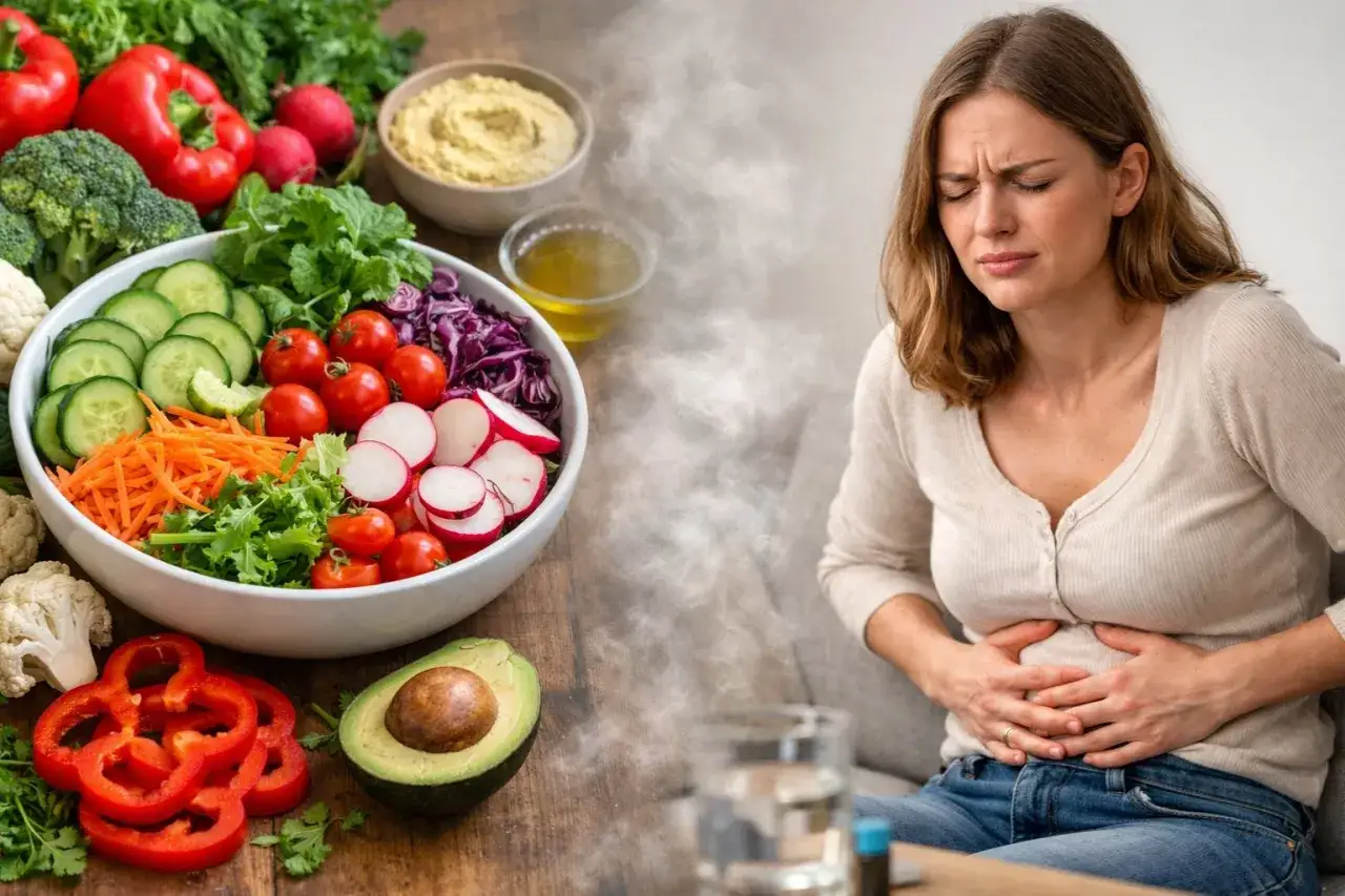 Une femme souffre de maux d'estomac après avoir mangé une salade verte.