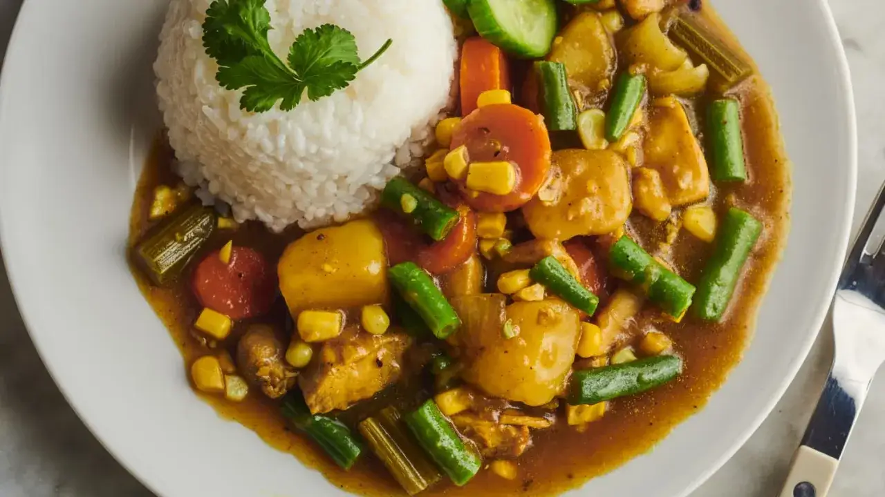 Un plat de riz au curry avec des l&eacute;gumes vari&eacute;s : pommes de terre, carottes, haricots verts, ma&iuml;s et poulet. Une recette savoureuse et color&eacute;e.