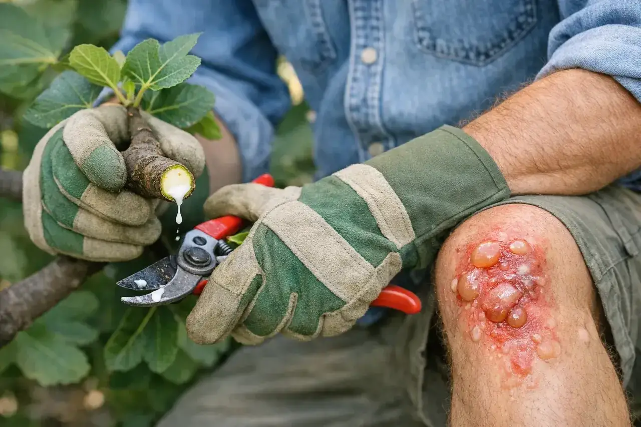 Gants verts et s&eacute;cateur coupent une branche de figuier d'o&ugrave; s'&eacute;coule la s&egrave;ve. Le genou porte une blessure avec des cloques.