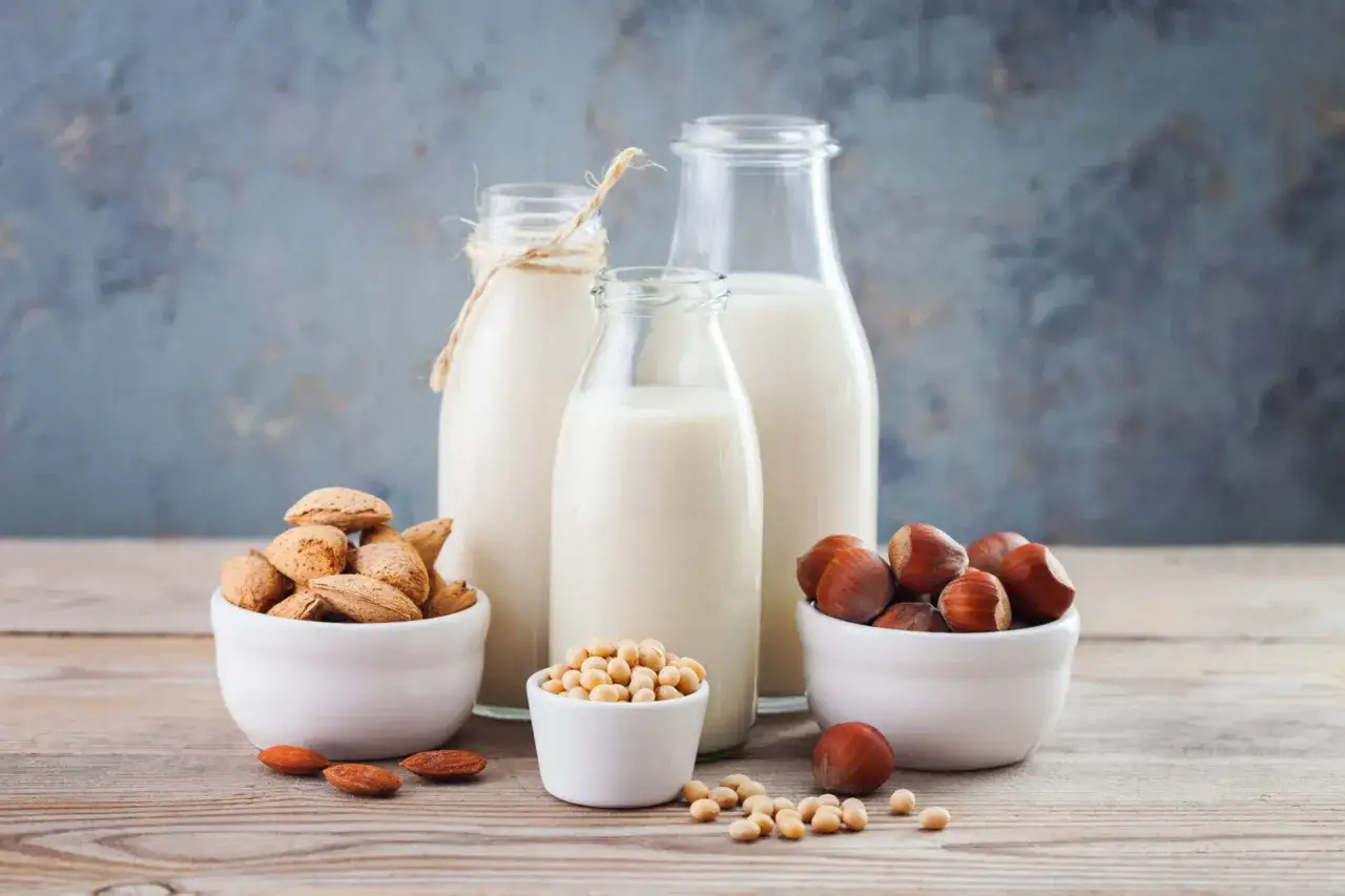 Trois bouteilles de lait végétal, avec des amandes, des noisettes et des fèves de soja dans des bols.