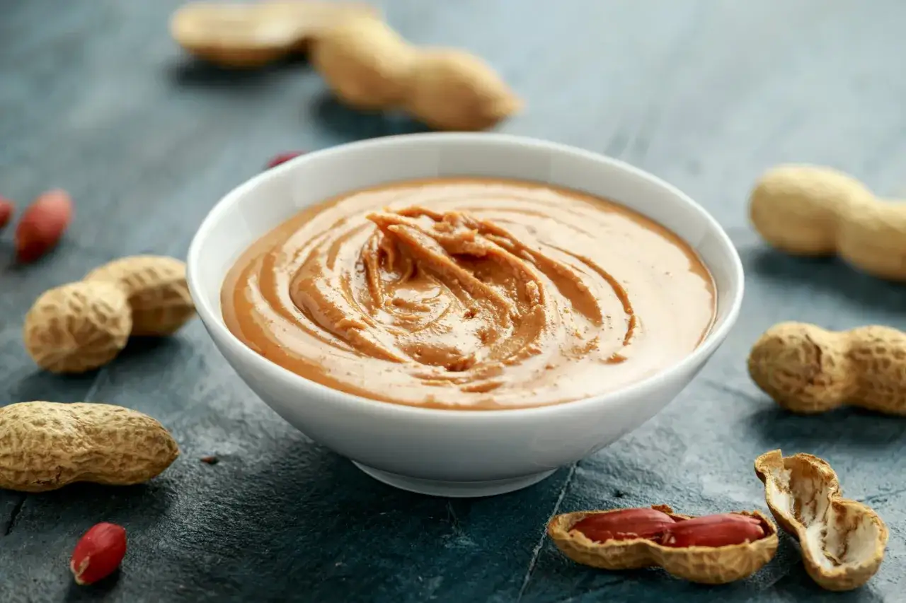 Un bol de sauce cacahu&egrave;te facile, cr&eacute;meuse et onctueuse, entour&eacute; de cacahu&egrave;tes enti&egrave;res et d&eacute;cortiqu&eacute;es.