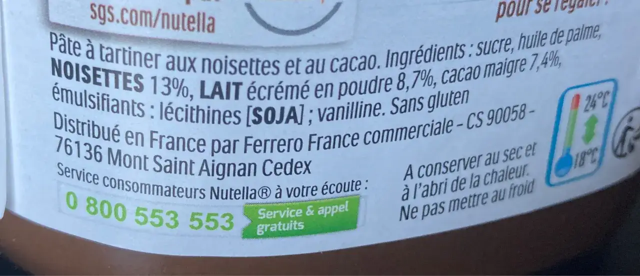 Ingr&eacute;dients Nutella : noisettes, lait, cacao. Attention &agrave; l'allergie au soja, mentionn&eacute; dans les &eacute;mulsifiants.
