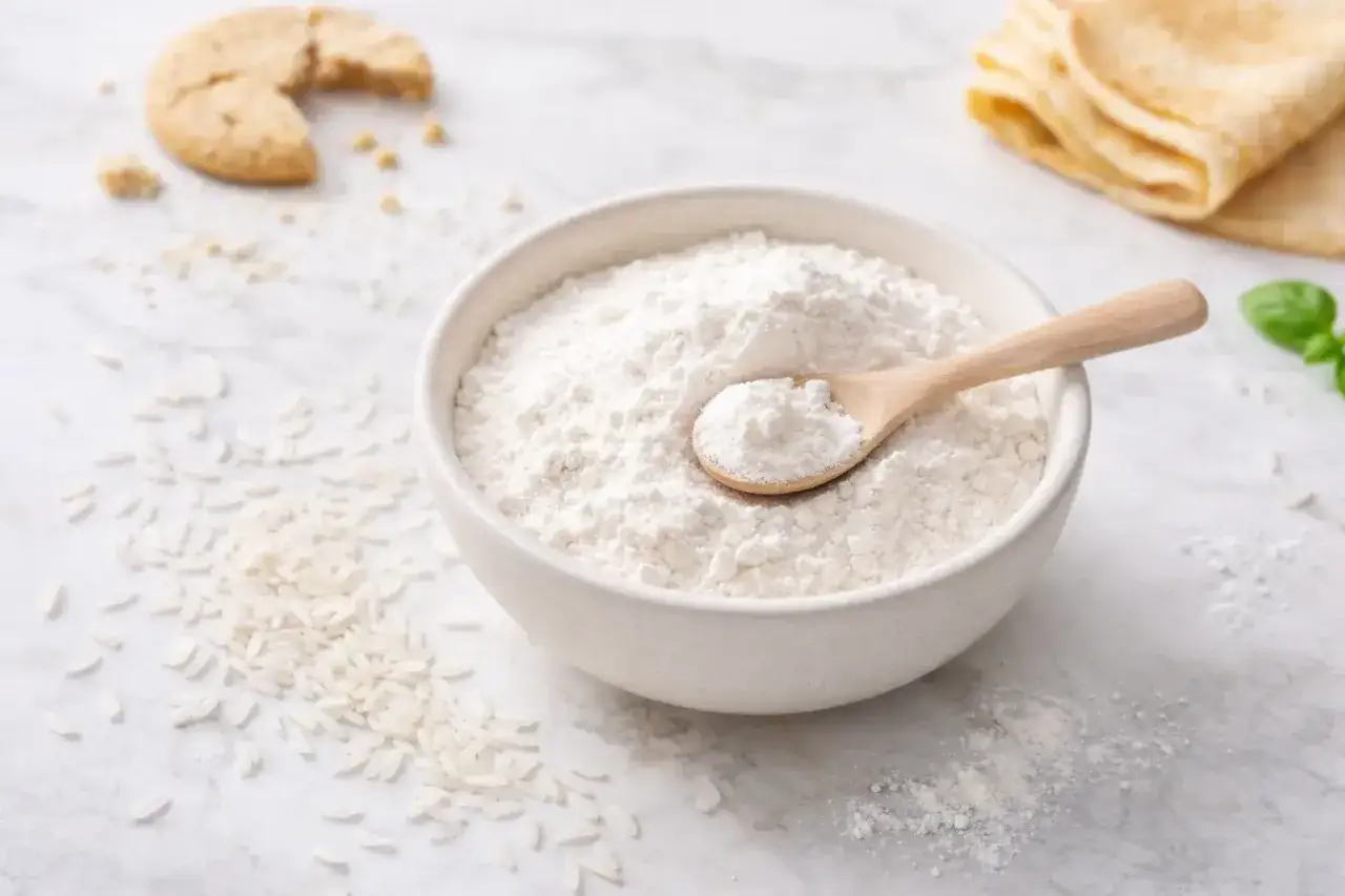 Un bol de farine de riz, une cuill&egrave;re en bois, du riz en grains, un biscuit et des cr&ecirc;pes. Id&eacute;al pour remplacer farine de bl&eacute; par farine de riz.