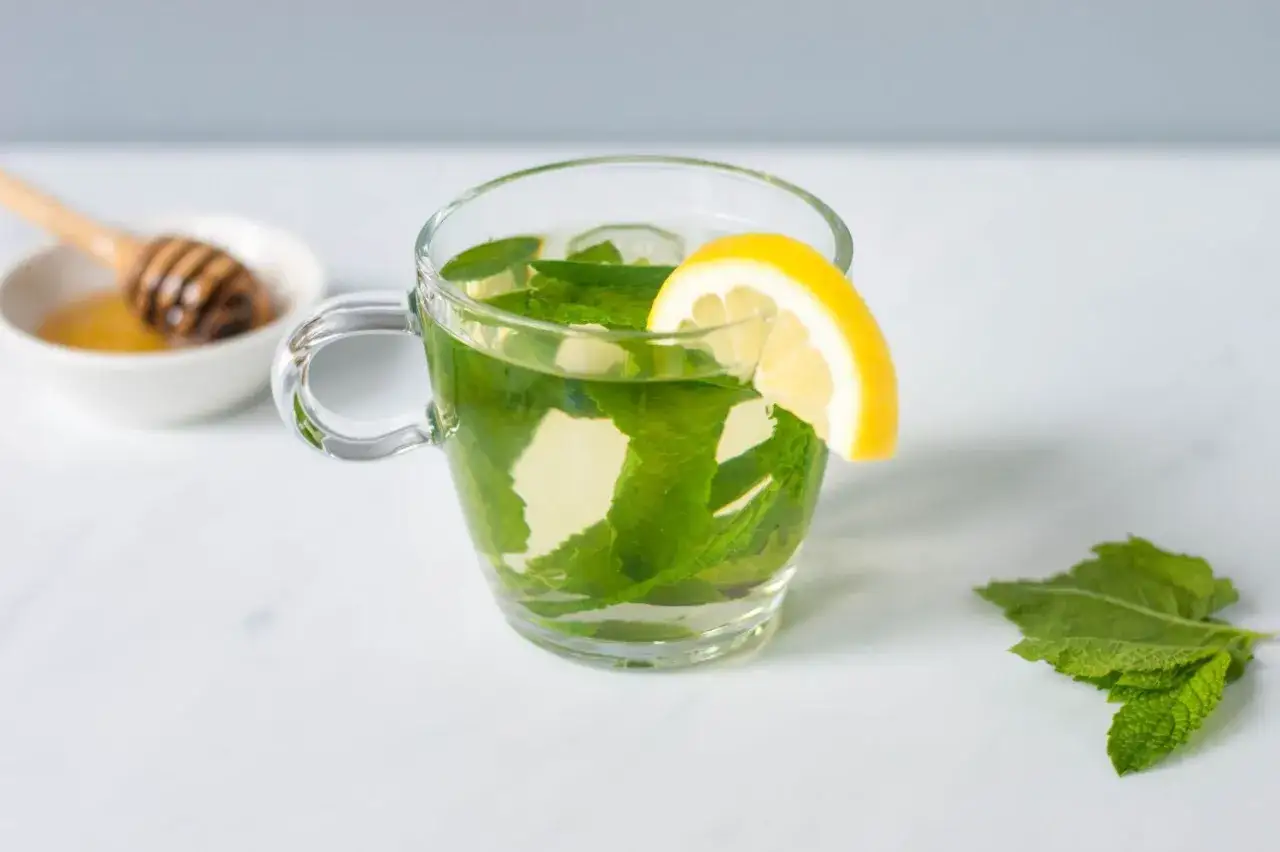 Une tasse de tisane menthe poivr&eacute;e infus&eacute;e, garnie d'une tranche de citron. &Agrave; c&ocirc;t&eacute;, un petit bol de miel et des feuilles de menthe fra&icirc;che.