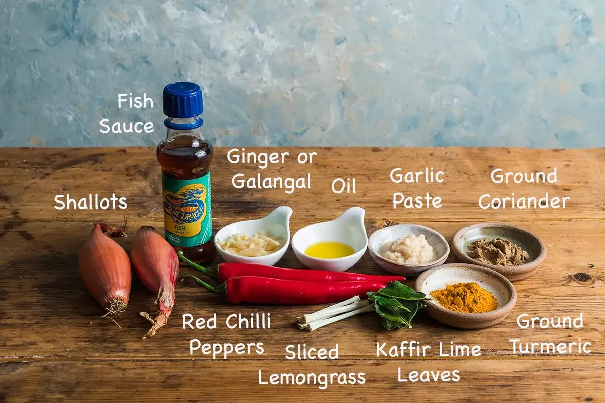 Ingr&eacute;dients pour un curry rouge : &eacute;chalotes, piments rouges, sauce poisson, gingembre, ail, citronnelle, coriandre, curcuma, feuilles de kaffir.