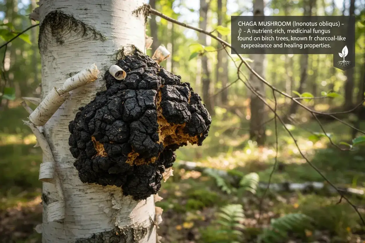 Gros champignon noir, le chaga, pousse sur un bouleau. Ses bienfaits sont reconnus pour ses propriétés médicinales.