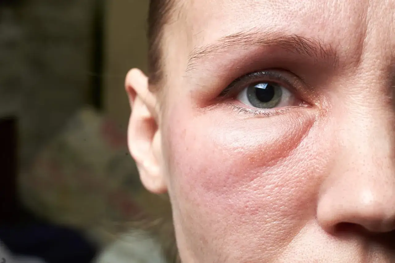 &OElig;il rouge et gonfl&eacute;, signe d'une allergie chataigne. La peau est irrit&eacute;e autour de l'&oelig;il.